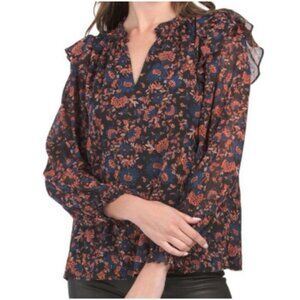 Joie Top Women's Size XL Boho Ruffle Floral Metallic Long Sleeve Blouse